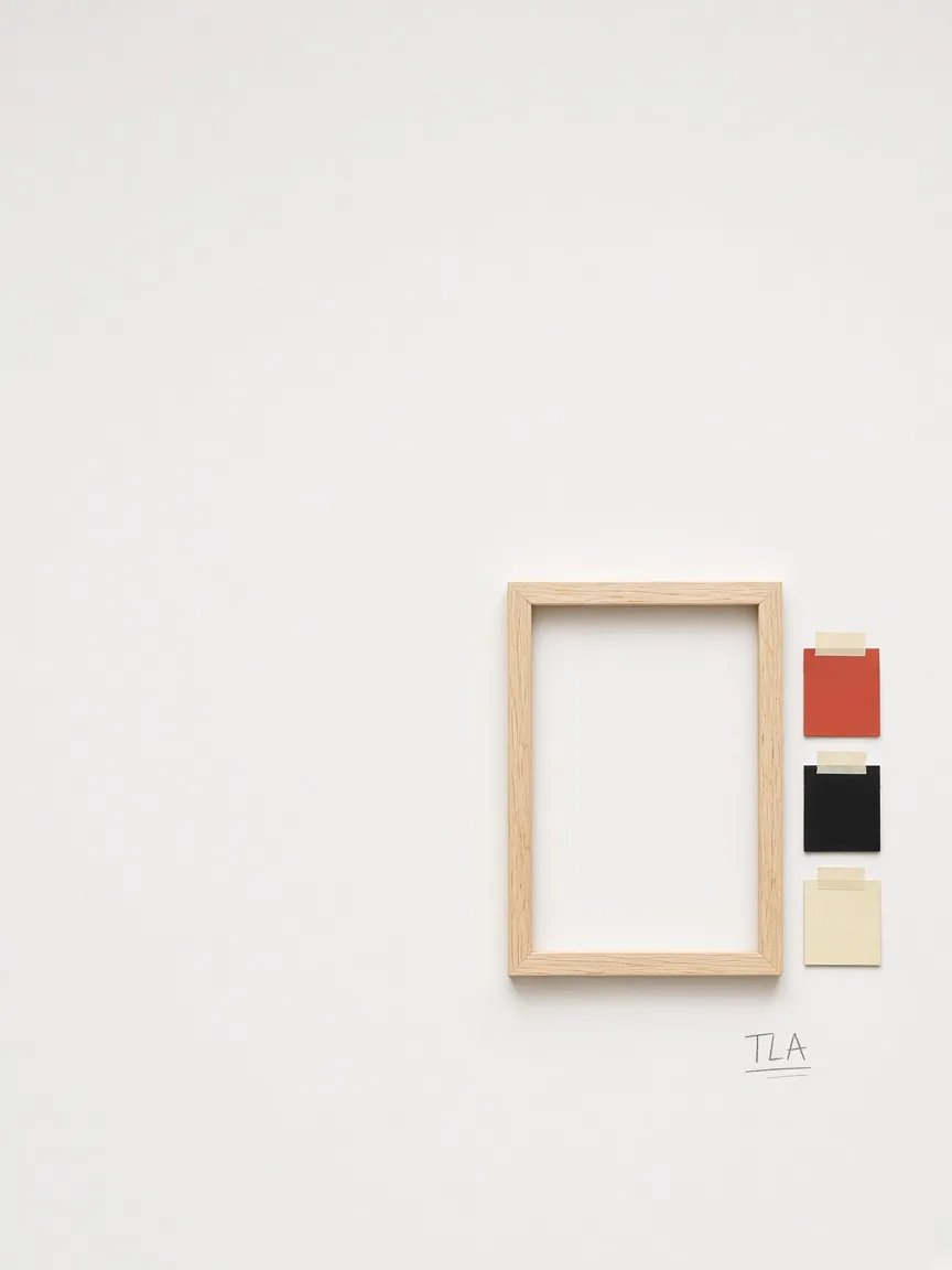 Empty wood frame and three colour chips on a white gallery wall. No figure.